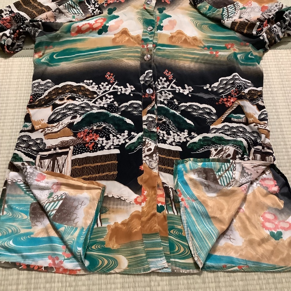 Citron Santa Monica Womens Blouse Medium Silk Asian Shirt Top Tunic Floral Japan - Picture 8 of 9